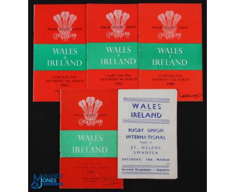 1953-65 Wales v Ireland Home Rugby Programmes (5): All at Cardiff, rare 'pirate' 1953, then 55, 61, 63 &amp; 65 (Wales Triple