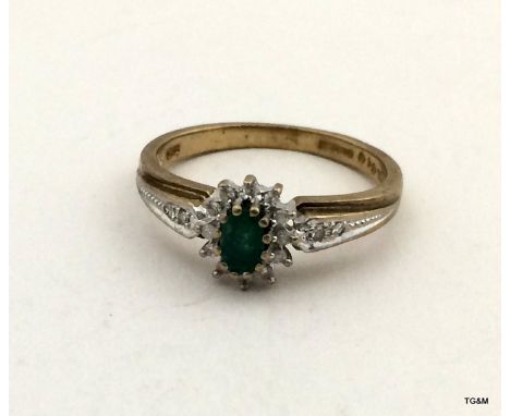 9ct gold ladies diamond and emerald ring size P