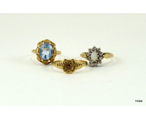 3 9ct gold ladies rings to include opal and ruby