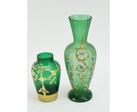 Two Art Nouveau green glass vases with enamel & gilt decoration