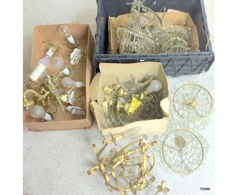 Qty of crystal glass and brass wall and centre light fittings for restoration.