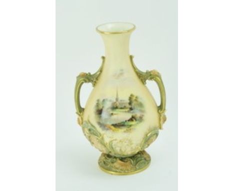 Royal Worcester vase with hand painted scene of a cathedral. 22cm high