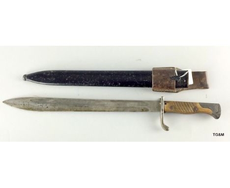 A German model 1898/05 1st pattern Butcher Bayonet in its steel scabbard and leather frog. 36.5cms blade length