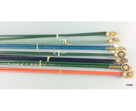 Seven Masonic RAOB ceremonial Sceptres, each on a two part metal staff surmounted with various gilt & enamel badges. Of varyi