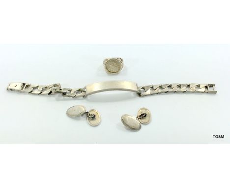 Silver mans I D bracelet ring cufflinks