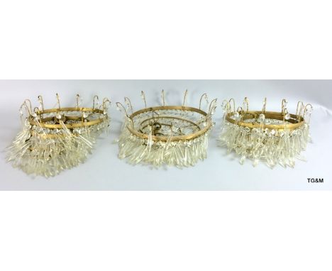 3 crystal chandelier light fitments of 4 rows of drops 25cm dia x 35cm drop
