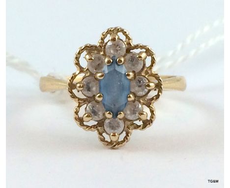 9ct gold ladies aqua set cluster ring size o