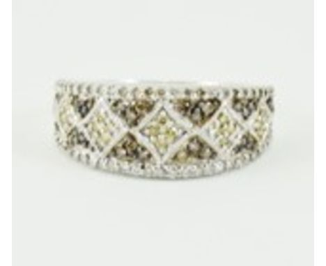 9ct white gold black, white & yellow diamond ring. Size Q