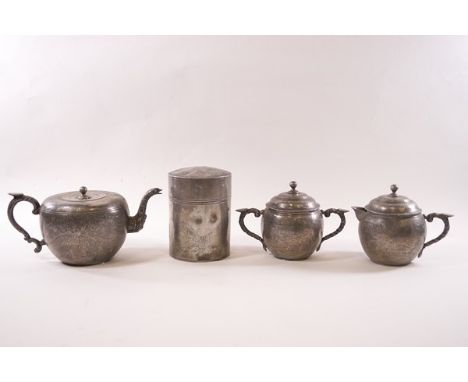 A late 19th/early 20th century Chinese export pewter four-piece tea service by Kuthing, Swatow, comprising a teapot, two-hand