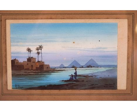 20th century, Figures on the banks of the Nile, watercolour, monogrammed A R C (?), 7cm x 11cm