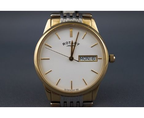 A Gentleman's Rotary two tone stainless steel wristwatch, round white baton dial with date feature, with spare links, boxed w