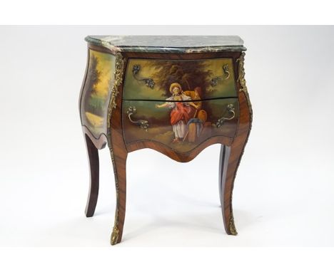 A French style serpentine two drawer commode, painted with a scene of two lovers, gilt metal mounts and variegated green marb
