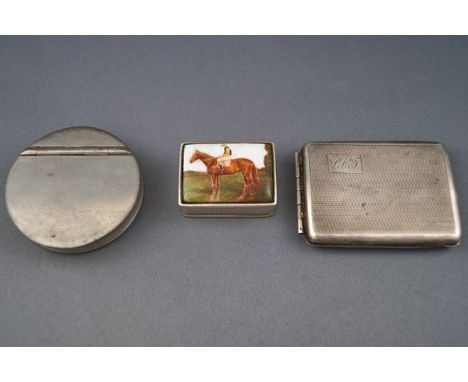 A silver part engine turned match book case, Birmingham 1927; a modern silver pill box, the cover enamelled with a racehorse 