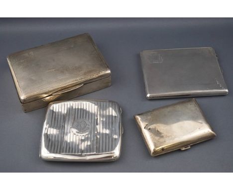 Three various silver cigarette cases and a silver mounted and part engine turned cigarette box, various dates and makers, 366