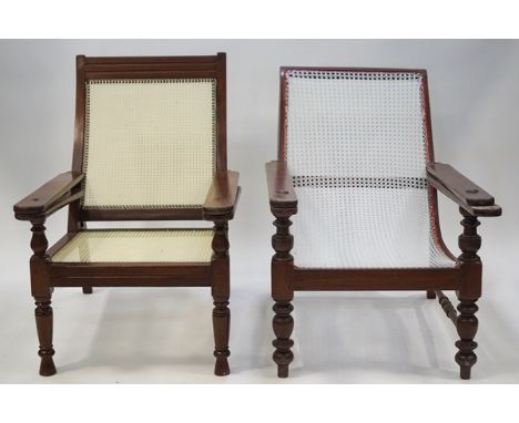 Two Indian hardwood planter chairs with later caning, one 95cm high x 69cm wide x 110cm deep