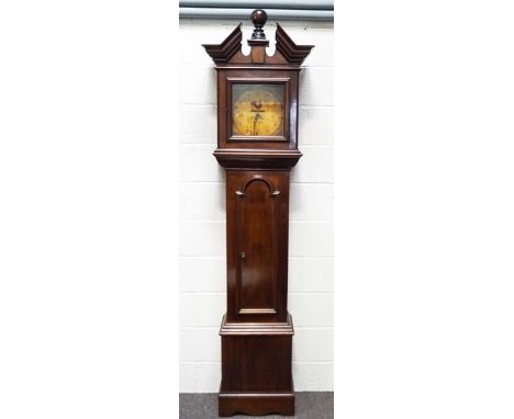 A 19th century mahogany 30 hour long case clock by John Durke, Barnstaple, the painted dial with arabic numerals, a cockerel 