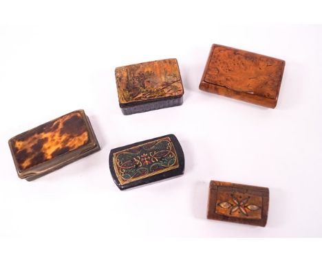 A 19th century horn and tortoiseshell snuff box, a burr elm snuff box and three further snuff boxes