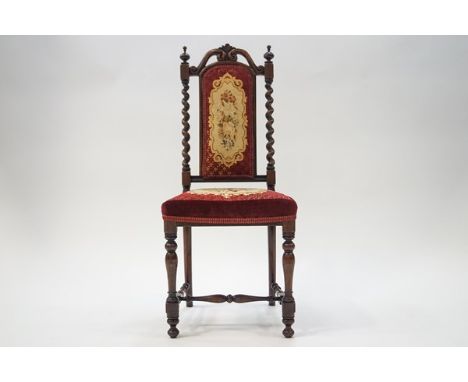 A Victorian rosewood child's chair with barley twist and tuned supports, tapestry seat and back panel, 38cm wide x 89cm high