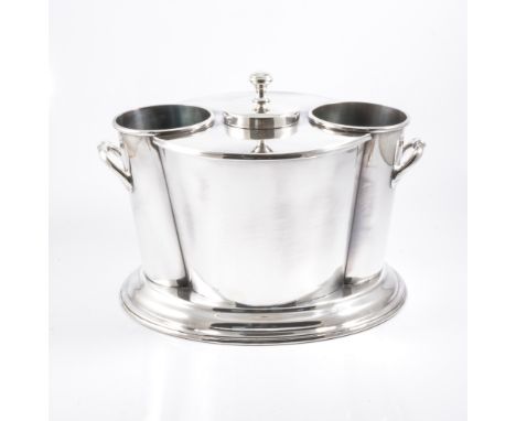 A modern silver-plated two bottle wine cooler, plain polished finish on an oval base with handle to each side, central cover 