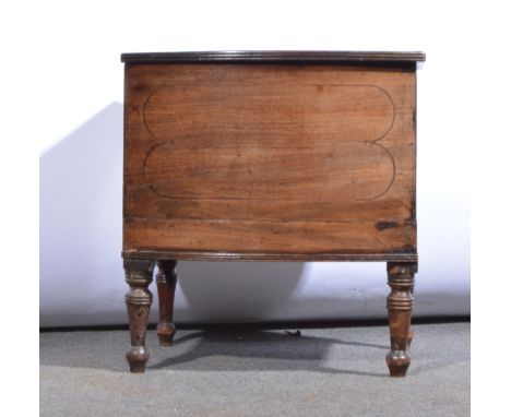 Mahogany bow-front commode, adapted as a sewing box, turned legs, width 41cm.