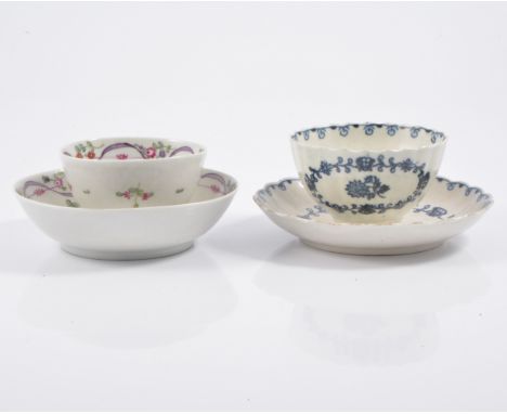 A tray of decorative ceramics to include two pearlware teabowls and saucer, pair of bright enamel cups with cerise scenic vig