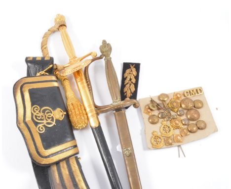 Elizabeth II Court sword, 80cm blade by Wilkinson, gilt guard, in a scabbard; another Court sword; badges; buttons; and regal