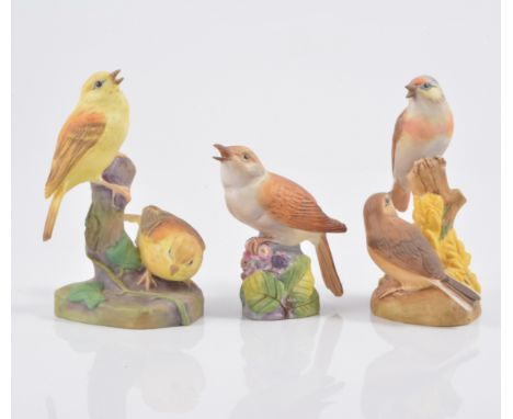 Collection of Royal Worcester bird models, including Yellow Hammer, Linnets, Stonechat, Greenfinch, Sparrow, Nuthatch, Great 