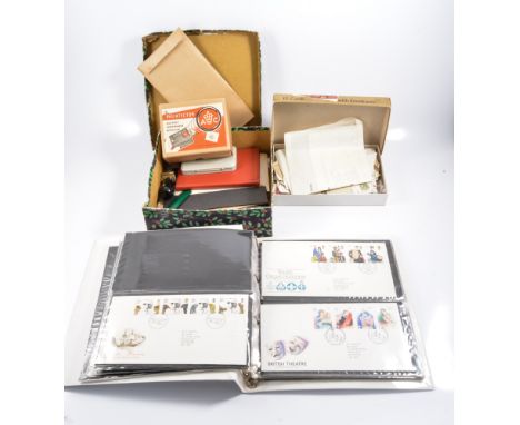 Stamps: Two albums of First Day Covers, including some 1960s issues, loose stamps on paper, stamp collector's accessories, et