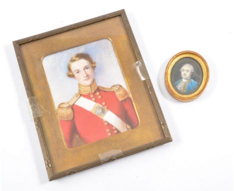 Victorian portrait miniature, a young officer, 11cm x 9cm, split panel, and a small oval Georgian miniature. (2)