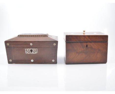 Georgian Chippendale style tea caddy; an inlaid rosewood sarcophagus-shape tea caddy; and another tea caddy. (3)