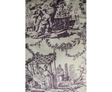 Two pairs of patterned fabric curtains, cream ground printed in purple with japanese scenes, 80" wide, 130" drop, 60cm frill 