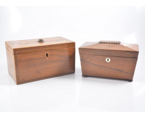Late Georgian mahogany tea caddy, rectangular form, splayed spandrels, 23cm, lacking interior, and a Victorian rosewood tea c