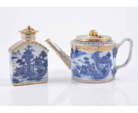 A Chinese export porcelain blue and white teapot of cylindrical form, gilt decoration 12cm; and similar caddy, of shouldered 