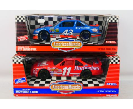 Ertl - American Muscle - 2 x Nascars in 1:18 scale, an STP Pontiac Grand Prix # 7461 and a Budweiser Ford Thunderbird # 7358.