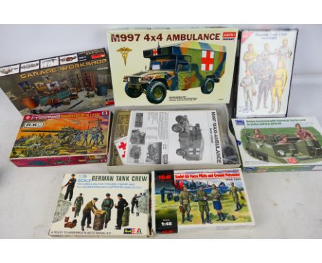 Academy - MiniArt - ICM - Revell - Others - Seven boxed 1:35 scale military vehicle, soldier and accessory plastic kits. Lot 