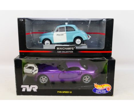 Minichamps - Hot Wheels - A pair of 1/18 scale diecast cars to include #21351 TVR Speed 12 and  #137090 Morris Minor Police (