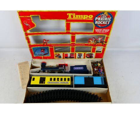 Timpo - A boxed battery operated 2nd version (1977) Timpo Prairie Rocket 'The Great Train Hold-Up Set'. The set contains loco
