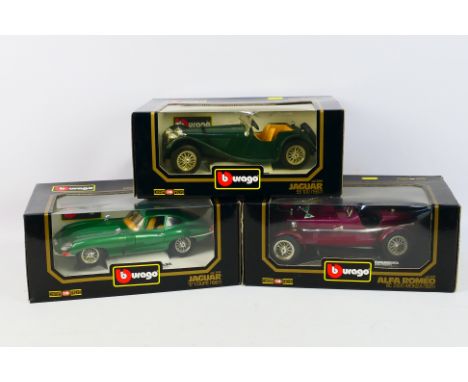 Bburago - Three boxed Bburago 'Diamonds' 1:18 scale diecast model cars. Lot consists of #3018 1961 Jaguar E-Type Coupe; #3014