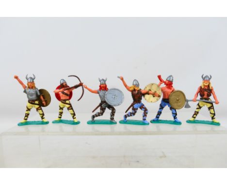 Timpo - Six unboxed Timpo (Swoppet type) Vikings. Lot includes Viking Hornist, Viking Archer and four Viking warriors in vari