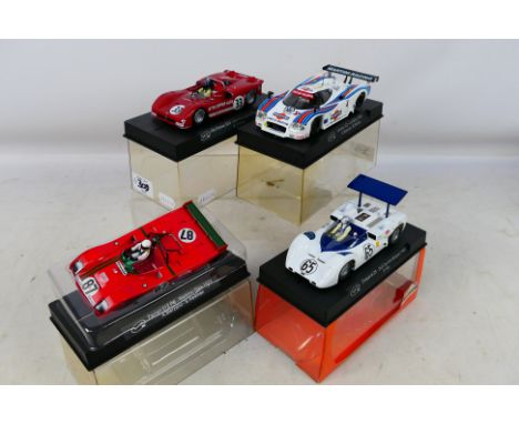 Slot.it - 4 x boxed slot cars in 1:32 scale, Alfa Romeo 33/3 1972, Lancia LC2 Martini 1984, Chaparral 2E 1966 and just a body