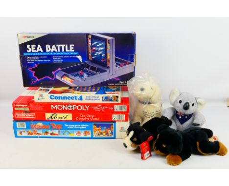 MB Games - Saitek - Waddingtons - Keel Toys - A group of games and soft toys including Sea Battle, Mousetrap, Monopoly, Conne