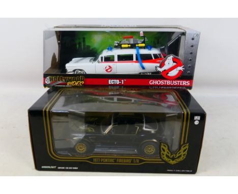 Greenlight - Jada - 2 x boxed cars in 1:24 scale, Ghostbusters 1959 Cadillac Ambulance # 99731 and a 1977 Pontiac Firebird Tr