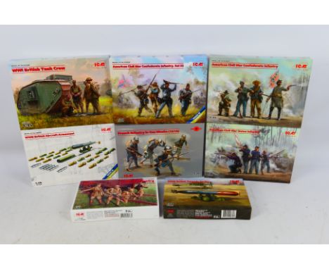 ICM - Eight boxed 1:35 & 1:48 scale plastic model figure / accessory kits. Lot includes #35301 British Infantry 1917-18; #350
