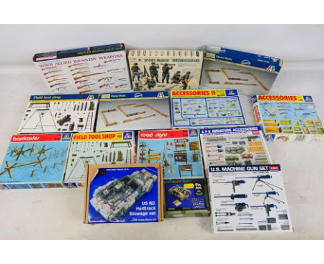 Legend - Italeri - Revell - Dragon - 13 boxed 1:35 and 1:72 scale plastic and resin military accessory kits. Lot includes Leg