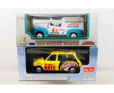 Sun Star - 2 x boxed models in 1:18 scale 1998 London Taxi International in Marmite livery # 1122 and a 1948 Ford Ice Cream T
