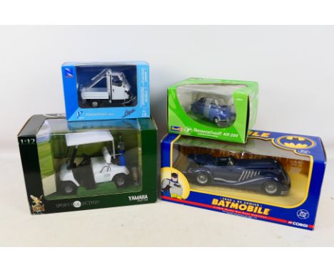 Road Signature - Revell - NewRay - Corgi - 4 x boxed models most in 1:18 scale, 1940s DC Batmobile, Messerschmitt KR200, Piag