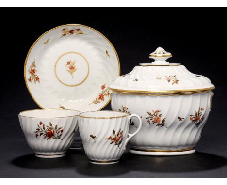 A COALPORT SHANKED OVAL SUCRIER AND COVER AND TRIO, C1800-14 sucrier and cover 13.5cm h Clearly from Thomas Rose moulds but t