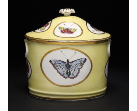 A COALPORT YELLOW GROUND OVAL SUCRIER AND COVER, C1800-02 outside decorated at Mansfield, finely painted with four medallions