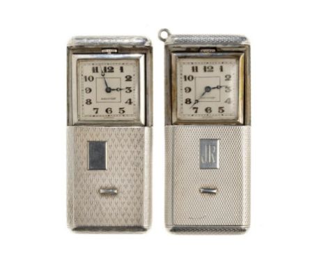 TWO SWISS SILVER TRAVELLING WATCHES, C1930 engine turned, import marked, 42mm w ++Both in apparently working order
