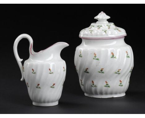 A RARE COALPORT POLYCHROME SHANKED TEA CANISTER AND COVER AND MATCHING CREAM JUG, JOHN ROSE & CO, 1796-C1800 jug 12cm h The p